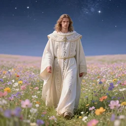 ( hyperrealistic portrait of a flower meadow decorated with a starry sky, a war cleric in robes full of runes walks through the flower meadow ) by noah bradley, photorealistic, dynamic lighting, beautiful, trending on artstation, wallpaper, dream, 4 k, award winning, lovely pastel colors, ethereal, elegant