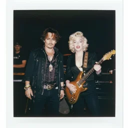 A photorealistic polaroid image of Johnny Depp and Marilyn Manson performing on stage in a band. Trending on Artstation, featured on Behance, well-rendered, intricate, highly detailed, very crispy, Unreal Engine, 4K HD