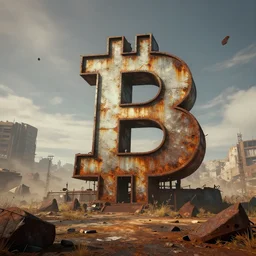 lone giant rusted bitcoin building, post - apocalyptic wasteland, unreal 5 render, ray tracing, 8 k