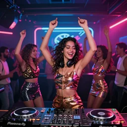 error are dancing in the club, realistic, full shot, neon, dj, glamor, style 2 0 0 0 s