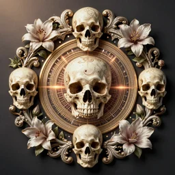 beautiful classical holy decorative ornament, sacred ceremonial skulls, acanthus scrolls, lilies, ivy, anatomy, energy, geometry, magnolia, bones, petals, stems, fibonacci rhythm, artstation, art germ, wlop