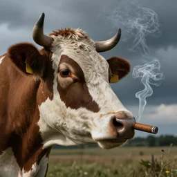 A cow smoking a cigar, close up