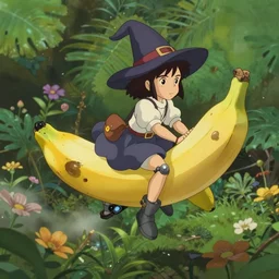 a wholesome animation key shot of a post apocalyptic 8 0's robotic flying banana ridden by a cute witch, covered by nature hipster vibes by studio ghibli, animation, sharp, rendered in unreal engine 5, focused, anime key art by greg rutkowski, bloom, dramatic lighting