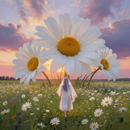giant white daisy flowers as head veil, girl walking in a flower field, surreal photography, sunrise, dramatic light, impressionist painting, colorful clouds, digital painting, artstation, simon stalenhag
