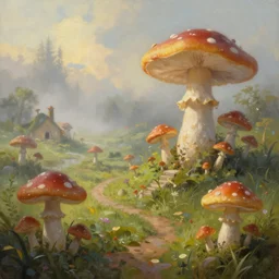 a beautiful painting of a mushroom village, fantasy, dreamy atmosphere, mist, morning light