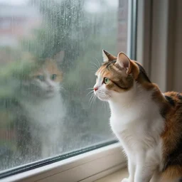 photo of a calico cat watching the rain pour out of a window in a sunday morning, flickr, nikon lens