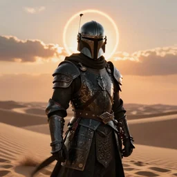 medieval black knight armour with Mandalorian helmet, ornate filigree armor, desert dunes, sunset clouds, sunset halo behind head, hypermaximalist, fantasy character concept, dynamic lighting, blurry, hyperrealism 8k