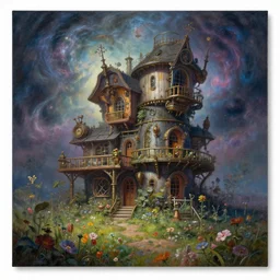 a beautiful painting of a large steampunk house shrouded by mystic nebula magic in a field of flowers by moebius and android jones, oil on canvas sharp, details, hyper - detailed, hd, hdr, 4 k, 8 k