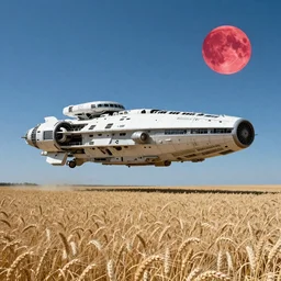 war heavy spaceship above the field of wheat with blue skies and dark red detailed moon by Ian McQue