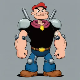 a vectorgraphic fullbody portrait shot of popeye as a mecha with robotic implants. art by jeral tidwell feat dracko velasco and beastwreck absorb 8 1. inspired by paul lewin and clogtwo. vintage lowbrow. shadowrun cartoon. graffity style reminds to chris dyer and cantwo, kopak. overpainted and stylized by subjekt zero