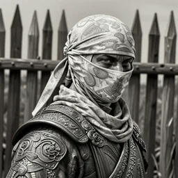 a wary warrior behind a stakes palisade. its head wraped in a bandage. intricate, elegant, highly detailed, digital painting, artstation, concept art, sharp focus, illustration, by justin gerard and artgerm, 8 k