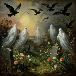 'Life from death' An aesthetic horror baroque landscape painting depicting 'A graveyard with plants and flowers growing, ghosts + bats and crows  flying around' by Jan Brueghel the Elder, Trending on cgsociety artstation, 8k, masterpiece, cinematic lighting, highly detailed, vibrant colors.