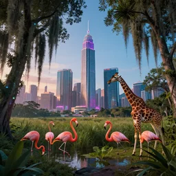 kowloon city, everglades, trees hanging spanish moss, cyberpunk 2 0 7 7. flamingos, giraffes, surreal, sci - fi, fantasy, luminescent wide angle highly detailed by andreas franke and santiago calatrava rhads, captivating 8 k hdr, octane render godrays artstation