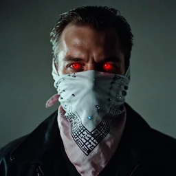 film still of the terminator covering his face with a bandana, red glowing eyes, grainy