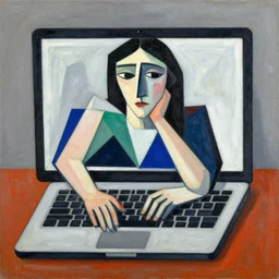 a cubist painting of a graphic designer trapped inside his laptop screen