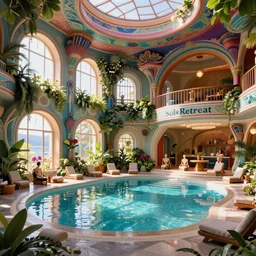 detailed art on artstation, futuristic utopian fantasy, futuristic-natural-beauty,  Sol Retreat, interior, health spa and meditation center, indoor pool, sunlight through windows, vibrant, Greek-Japanese architecture, futuristic-utopian architecture