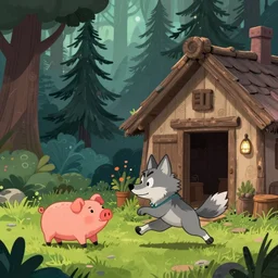 a cartoonish wolf is running after a pig, near a rustic ramshackle hut in a mystical forest full of wonders, pine trees, magical atmosphere, trending on artstation, 30mm, by Noah Bradley trending on ArtStation, deviantart, high detail, stylized portrait