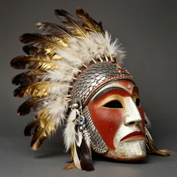 vintage photo of native american shaman mask with chrome scales and gold feather plumes by edward s curtis