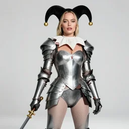 photo of Margot Robbie as a jester warrior with weapons