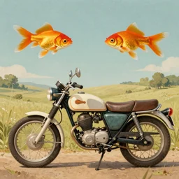 vintage goldfish of a motorbike matte painting landscape