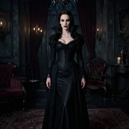 maura tierney posing as a vampire in gothic clothing in an dark gothic apartment