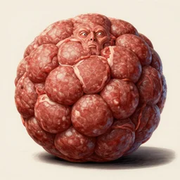 illustration of a human meat ball, a human made out of meatballs, a grotesque creation, masterful digital art, sublime detail, epic composition, intricate detail