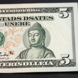 5 dollar bill with a buddha on it, high details