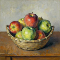 a basket of red and green apples on a wooden table, oil painting by paul cezanne