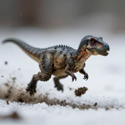 macro photo by national geographic of a tiny muddy dinosaur running very fast in muddy snow, motion blur, tiny gaussian blur, insanely detailed, insanely intricate, depth of field, low contrast, wide aperture, action photography