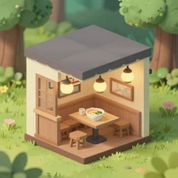 outside view of miniature classy ramen shop with lamps, table and seats, situated in an enchanted forest, studio ghibli style, hayao miyazaki drawings, spirited away ambiance, clean, low poly art, detailed, isometric view, artstation, behance, global illumination, 3 d illustration, kawaii, pastel colors