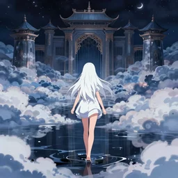 white haired girl walking in flooded cloud palace night, dreamscape, cinematic, vibrant dark colors anime illustration by studio ghibli