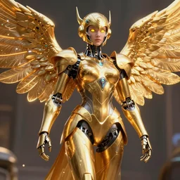 maria of metropolis, humanoid robot, golden full body armor, fully deployed wings, beautiful helmet in the shape of a face, cyborg eyes glowing yellow, scifi, futuristic, raytracing, glowwave, sharp focus, cinematic lighting, artstation, divine, unreal engine 5 rendered, by fritz lang, art style by pixar warner bros dreamworks disney riot games and overwatch