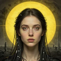 Woman masterpiece, beautiful eyes, yellow, golden halo behind her head, wires everywhere, by Edgar Maxence and Ross Tran, Zdzisław Beksiński, and Michael Whelan, distant, gustav dore, H.R. Giger, 8k, octane render