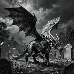 a dragon walking in a cemetery, Tim Burton style, very dark, tones of gray, procreate digital drawing