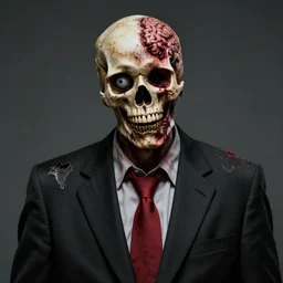 highly detailed zombie with half his head brain out of the skull one falling eye no jaw dirty shredded clothes black suit red tie, highly detailed, centered, realism, provided by unreal engine, artstation, art, 1 9 5 0's photography, kodak, canon