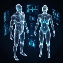 human wireframe, male and female,, 3 d isometric, sensors, dashboard, heartbeat, high detail, precise lines, angular, vector, biometric sensors, technical diagram, wearables, glowing, future
