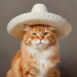 beautiful oil painting of an orange mainecoon with a white beard. wearing a white wide brimmed sombrero