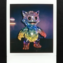 colorful crystal gary busey creature, 9 0 s toy commercial, photo from the 7 0 s, horror lighting, neon lighting, polaroid photo,