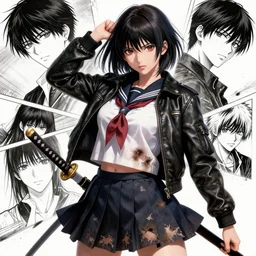 portrait of a beautiful! alluring anime woman wearing a 2 0 3 0's stained dirty torn japanese school uniform, gorgeous face, leather bomber jacket, katana scabbard, realistic, hyper detailed, dynamic action poses, concept art, in style of junji ito, hirohiko araki, manga, anime aesthetic