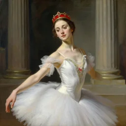 neoclassical portrait of a ballerina wearing red crown in temple, by jacques - louis david, by greg rutkowski, by zdzisław beksinski, trending on artstation, featured on pixiv, masterpiece, oil on canvas, cinematic composition, beautiful lighting,