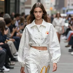 olivia wearing an outfit made of mcdonalds wrappings, runway model at new york fashion week, normal physique, black hair, freckles, pale skin, half body shot, photo by greg rutkowski, stage lighting, soft colors, intricate detail, elegance, 3 5 mm, depth of field, masterpiece