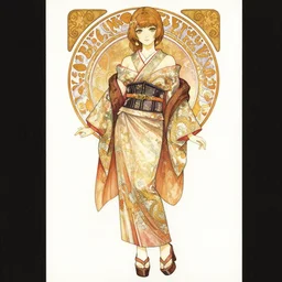 a watercolor portrait illustration by sui ishida and alphons mucha of an anime girl as a vampire highly detailed anime eyes wearing wearing a vintage kimono as a skirt with cropped dragon print top, corset belt, and platform heels. by issey miyake and balenciaga 8 k