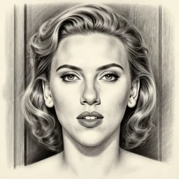 symmetrical, scarlett johansson at your door, ultimate portrait painting, pencil and ink, charcoal, ultrafine design, ultimate perfect symmetrical facial features, 1 9 4 0 s hair style, greg rutkowski, wide angle lens, hyperrealism, realistic lighting