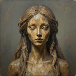 A beautiful painting of female dryad, whose face is made of wood by Michael Whelan, Trending on artstation, subtle horror theme, menacing.