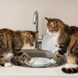 two cats doing dishes
