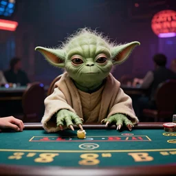 film still of yoda gambling in Vegas in the new Star Wars movie, 4k