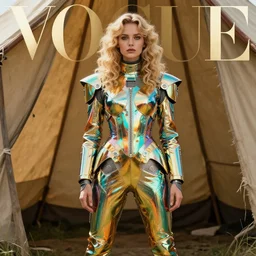 vertical photo of polish female in chromatic futuristic suit, blonde, curly hair, symmetrical beautiful face, cyberpunk, native costume, standing in the primitive tent, fashion editorial photography, hyperrealistic, from vogue magazine, reflections, refraction, gold, teal, orange