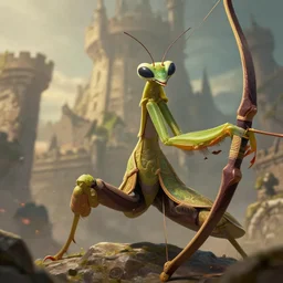 closeup 2 8 mm anthropomorphic mantis from kung fu panda using a bow in a castle, d & d, fantasy, intricate, action pose, particle effects, highly detailed, digital painting, artstation, concept art, matte, sharp focus, volumetric lighting, illustration, hearthstone, art by artgerm, wlop, craig mullins, alphonse mucha