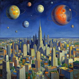 cloisonnism view of alien city with planets in the heaven in no mans sky a masterpiece, moebius, bekskinski