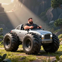 fat john cena driving a car with really big tires, super big tires, chonky tires, fortnite screenshot. Chonkers. Chonk.